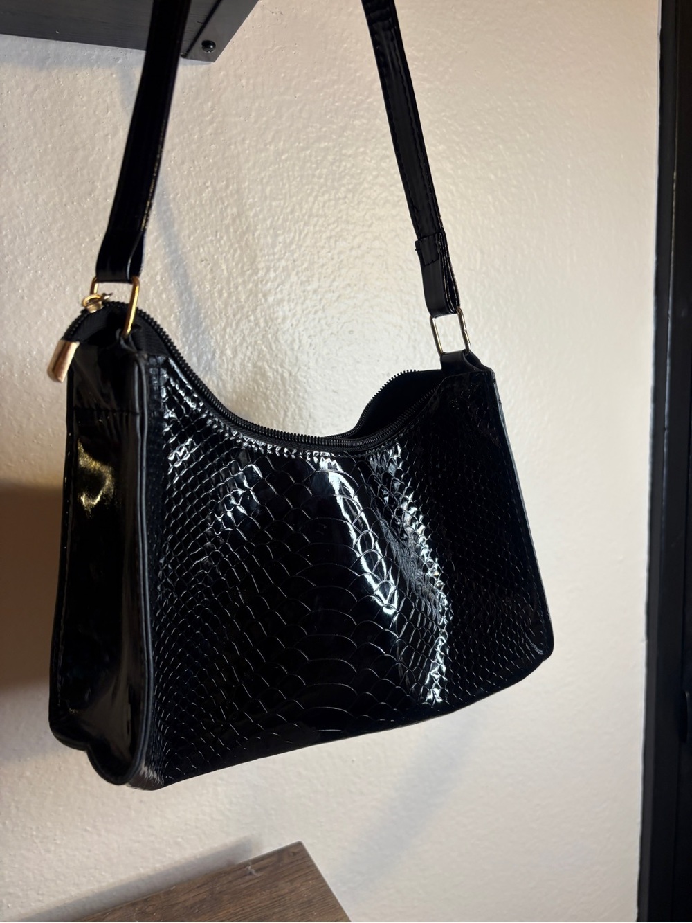 Black Patent Croc-Embossed Shoulder Bag
